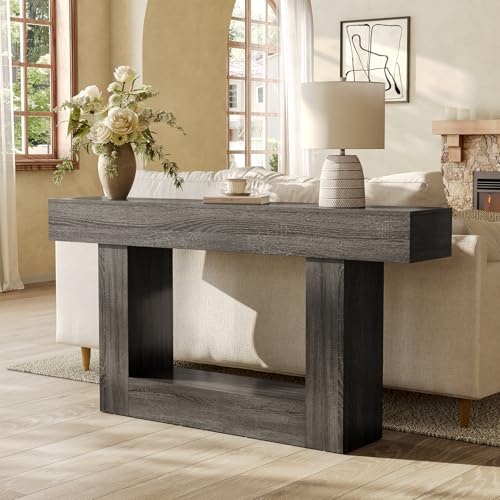 LITTLE TREE 63 Inches Long Console Table, 2-Tier Farmhouse Sofa Table Behind Couch, Large Narrow Entryway Table for Living Room, Wooden Hallway Foyer Table with Heavy Duty Base, Grey - color: Grey