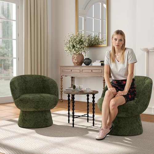 360° Swivel Accent Chair with Curved Back, Modern Green Chenille Upholstered Round Barrel Chair, Bucket Vanity Armchair for Small Space,Living Room, Bedroom - color: Green 02, size: 1 Chair