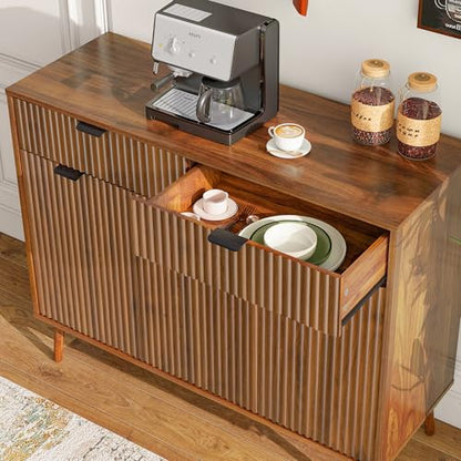 LYNCOHOME Fluted Sideboard Buffet Cabinet with Storage,2 Drawers and 3 Doors,Wood Coffee Bar Cabinet with Solid Wood Feet for Kitchen,Hallway - size: 15.8"D x 43.3"W x 34.7"H