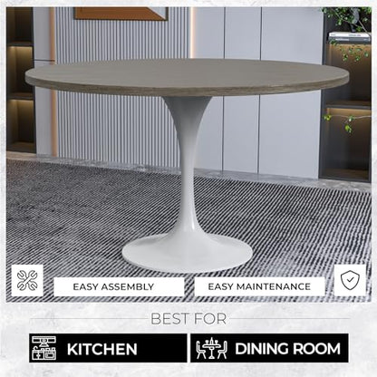 LeisureMod Verve Mid-Century Modern Dining Table with a 48" Round MDF Tabletop and White Steel Pedestal Base for Kitchen and Dining Room (Dark Maple) - color: Dark Maple Wood, size: 48 inch Wide