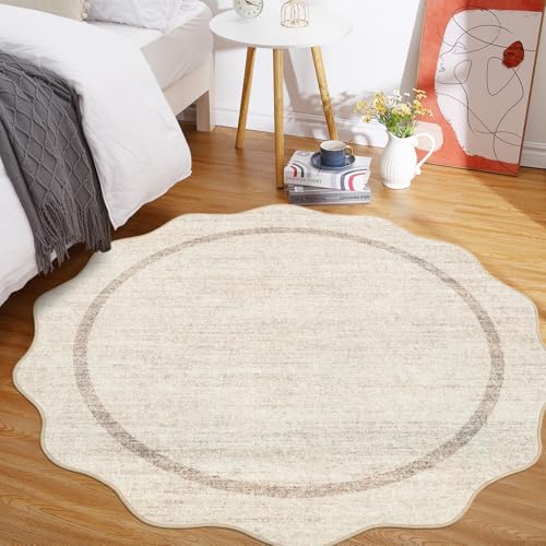 GarveeHome Scalloped Washable Round Rugs Non-Slip Round Rug 4 ft, Beige | Soft Ultra-Thin Small Boho Circle Stain Resistant Low Pile Carpet for Entryway Kitchen Bedroom Nursery Bathroom - color: Beige, size: 4' x 4' (Round)