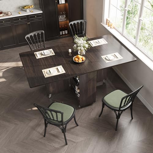Jocoevol Space Saving Folding Dining Table for 4, Foldable Dining Table with Drawer and Storage Shelf, 6 Wheels Drop Leaf Kitchen Dining Room Table for Small Space (Walnut, 47.2" x 23.6" x 29.9") - color: Black Walnut