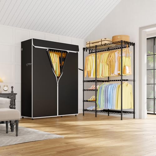 F2C Clothes Rack with Cover, Black Clothing Racks Heavy Duty | Garment Rack with Shelves for Hanging Clothes, Metal Portable Closet System, 47.2"W x 16.5"D x 78.3"H, Load 630lbs - color: Black Closet with Black Cover