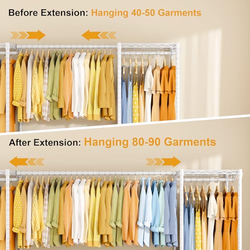 Heavy-Duty Garment Rack, Adjustable Clothing Racks Hanging Clothes | E17 Freestanding Metal Closet System, Clothing Storage and Organizer with Wire Shelves, (78-102.7)”W x 15.7”D x 76.6”H, White - color: White