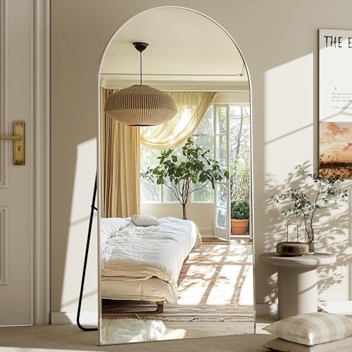 GLSLAND-30x71inch Arched Full Length Mirror, Full Body Floor Mirror Silver | Aluminum Alloy Frame Shatterproof Glass, Free Standing Leaning Hanging Mounted Mirror for Bedroom, Living Room, Dressing Room - color: Silver, size: 71"L x 30"W