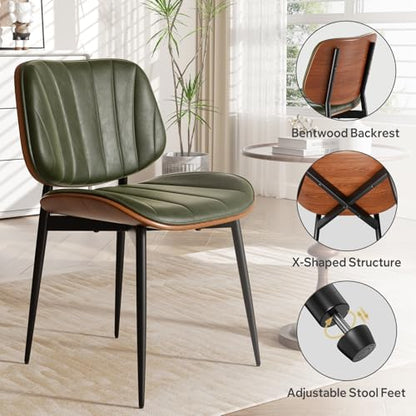 Dining Chairs Set of 4, Mid Century Modern Dining Room Chairs, Upholstered Faux Leather Kitchen Chairs with Walnut Bentwood Back and Metal Legs, Green - color: Green, size: Set of 4