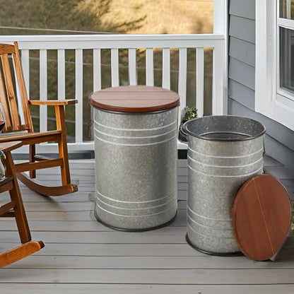 Glitzhome Rustic End Table Set of 2, Farmhouse Galvanized Metal Barrel Ottoman Storage Stool with Round Wood Lid for Living Room Furniture, Grey - color: Grey