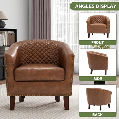 Faux Leather Accent Chair, Modern Barrel Club Chair, Brown | Comfy Upholstered Armchair for Living Room, Round Club Chair Single Sofa Bedroom Reading Seat | 26"D*29"W*29"H - color: Brown