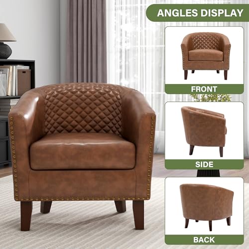 Faux Leather Accent Chair, Modern Barrel Club Chair, Brown | Comfy Upholstered Armchair for Living Room, Round Club Chair Single Sofa Bedroom Reading Seat | 26"D*29"W*29"H - color: Brown