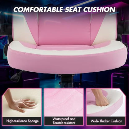 Sweetcrispy Computer Video Game Desk Chair: Ergonomic Comfy Lumbar Support, PU Leather with Flip-up Armrest, Height Adjustable and 360° Swivel, for Adults, Pink - color: Pink