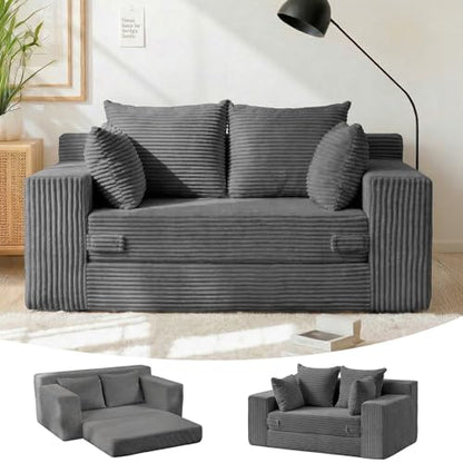Winzon Boneless Loveseat, 3 in 1 Convertible Sofa Bed Sleeper Sofa Floor Futon Bed with 4 Pillows, 55" Grey Boneless Couch for Living Room, Guest Room, Small Space, No Assembly Required, Corduroy