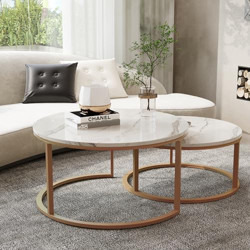 WiberWi Round Coffee Table Nesting Tables Set of 2, Large : Ø 34.0", Small : Ø 26.0", Modern Design Coffee Tables for Living Room, Gold Metal Frame Circle Cocktail Table, High Glossy Faux White Marble - color: White Faux Marble