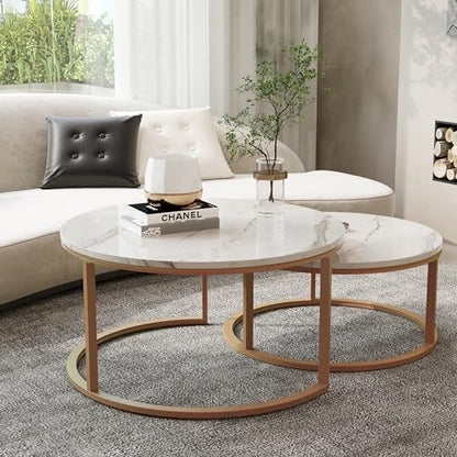 WiberWi Round Coffee Table Nesting Tables Set of 2, Large : Ø 34.0", Small : Ø 26.0", Modern Design Coffee Tables for Living Room, Gold Metal Frame Circle Cocktail Table, High Glossy Faux White Marble - color: White Faux Marble