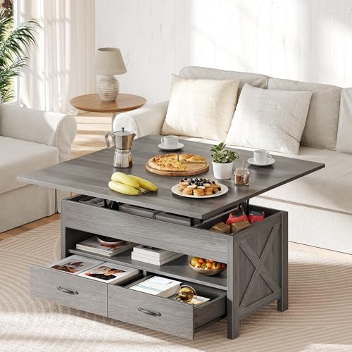 Amada 39" Lift Top Coffee Table with Drawer, Shelf, Hidden Storage, Grey | Modern farmhouse style, quiet and stable lifting system, CARB-certified, 4-in-1 table for dining, working, reading, relaxing - color: Wash Grey