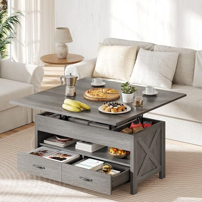 Amada 39" Lift Top Coffee Table with Drawer, Shelf, Hidden Storage, Grey | Modern farmhouse style, quiet and stable lifting system, CARB-certified, 4-in-1 table for dining, working, reading, relaxing - color: Wash Grey
