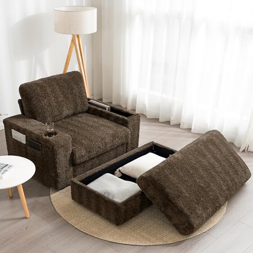 42" Oversized Chaise Lounge Chair Indoor, Faux Rabbit Fur Upholstered Sleeper Chair with Storage Ottoman and Armrests, Cup Holders, Single Reading Couch for Living Room (Brown/19) - color: Brown/19