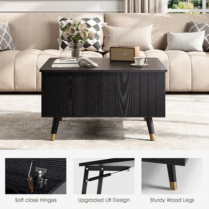 JOINICE Black Lift Top Coffee Table with Storage for Living Room,Square | 32" Multi-functional Pop Up Center Table,Large Hidden Compartments with Solid Wood Legs,Lift to 23",Hold 100lbs,Easy Assembly - color: Black_square