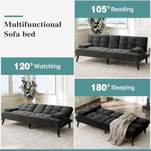 64" Futon Sofa Bed, Convertible Loveseat with 2 Cup Holders, Small Couch with 3 Adjustable Angles, Removable Armrests, Small Sofa for Apartment, 5.3 FT, Black - color: Black