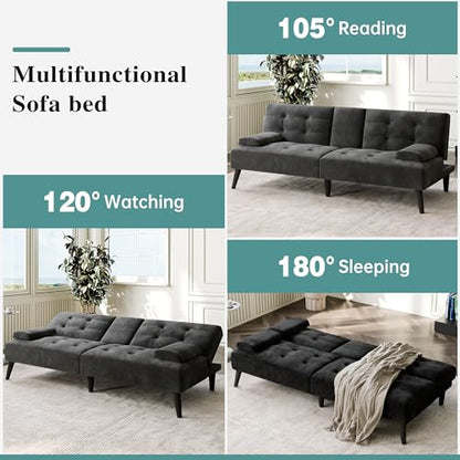 64" Futon Sofa Bed, Convertible Loveseat with 2 Cup Holders, Small Couch with 3 Adjustable Angles, Removable Armrests, Small Sofa for Apartment, 5.3 FT, Black - color: Black
