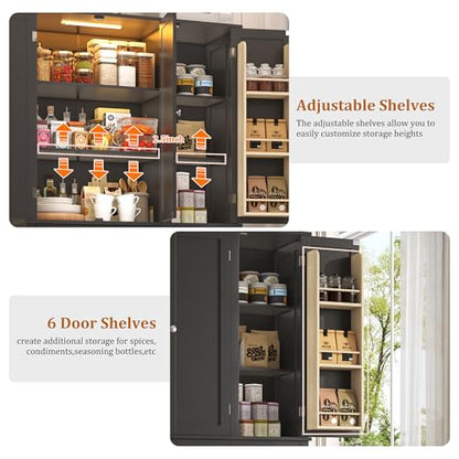 71"H Tall Kitchen Pantry Cabinet with LED Lights,39"W Modern Large Kitchen Hutch Cabinet w/6 Door Shelves,2 Large Drawer,Freestanding Food Pantry w/Adjustable Shelves for Kitchen,Dining Room,Black - color: Black