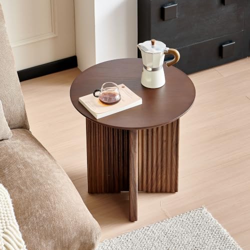Round Fluted End Table, 19" Side Table, Modern Bedside Table, Mid-Century Modern Nightstand,Easy Assembly, for Small Spaces, Living Room, Bedroom, Walnut - color: Walnut, size: 19" Cross-leg Table