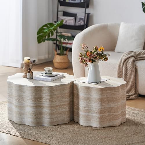 23.6''+26.7'' Set of 2 Faux Mars Pattern Round Coffee Tables, Modern Mini Side Tables Accent End Table for Apartment, Office, Living Room, (Beige Brown) - color: 23.6''+26.7'' Beige Brown
