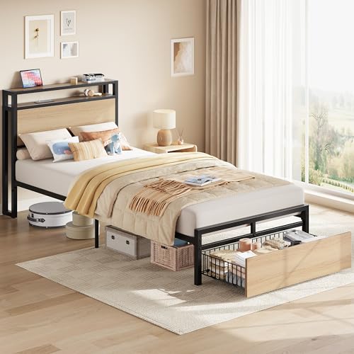 LIKIMIO Twin XL Bed Frames with Drawer and Charging Station, Wood Color | 2-Tier Storage Headboard with Metal Construction Frame, No Box Spring Needed, Fits Small Bedroom or Guest Room. - color: Wood Color, size: Twin XL