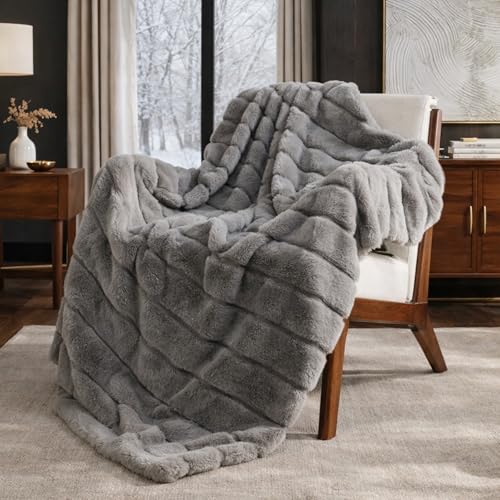 Cozy Bliss Deluxe Sheared Rabbit Faux Fur Throw Blanket, Soft Fuzzy High-Low Sculpted Plush Blanket for Couch, Cozy Home Accent, All Season Use, Grey 50"x60" - color: Stripe - Grey, size: Throw(50" x 60")