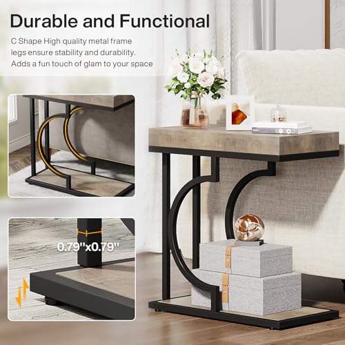 Tribesigns Narrow Side Table C Shaped End Table Modern Bedside Tables for Couch, Small Sofa Chairside Tables with Metal Frame for Living Room (2, Gray+Black) - color: Gray+black