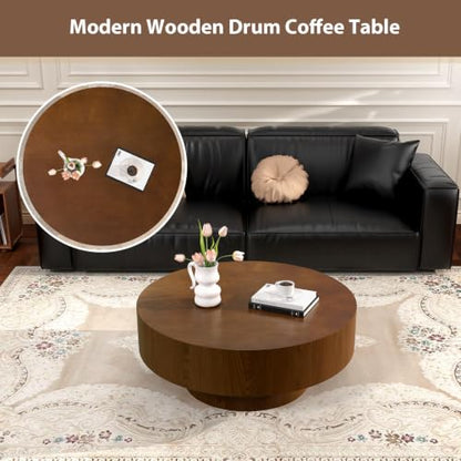 Brown Round Drum Coffee Table with Pedestal Base | 30.5'' Modern Wooden Drum Center Table, Brown Wood Finish Drum Shape, Wooden Structure, For Living Room & Apartment - color: Brown