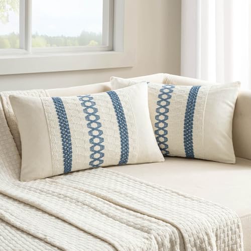 MIULEE Set of 2 Blue Boho Decorative Lumbar Pillow Covers 12x20 Inch | Farmhouse Coastal, Couch Throw Pillows, Modern Cushion Covers, Macrame Woven Spring Decor for Bed Sofa Chair - color: Blue, size: 20" x 12" (Pack of 2)