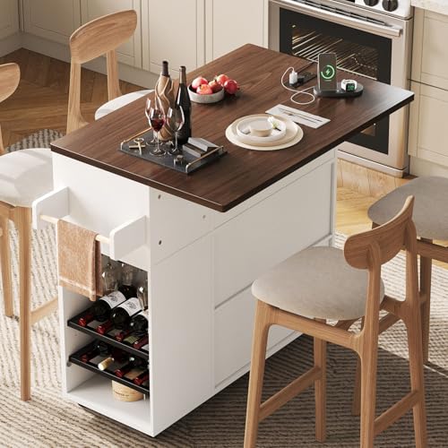 LIKIMIO 51" Mobile Kitchen Island with Drop Leaf & Power Outlet, Kitchen Rolling Island with Storage Cabinets & Drawers, Kitchen Island Cart with Glass Holder & Wine Rack for Dining Room, White