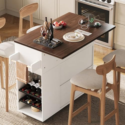 LIKIMIO 51" Mobile Kitchen Island with Drop Leaf & Power Outlet, Kitchen Rolling Island with Storage Cabinets & Drawers, Kitchen Island Cart with Glass Holder & Wine Rack for Dining Room, White