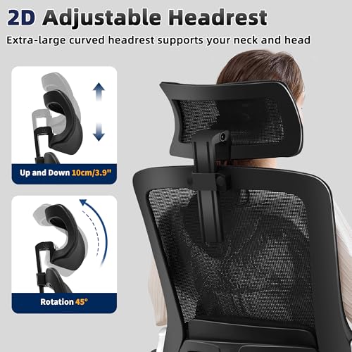 Fizzin Office Chair Mesh Desk Chair with 3D Armrests Computer Chair | Ergonomic Office Chair with Adjustable Lumbar Support and Headrest 125° Tilt and Wide Mesh Cushion High Back Home Desk Chair - color: Black