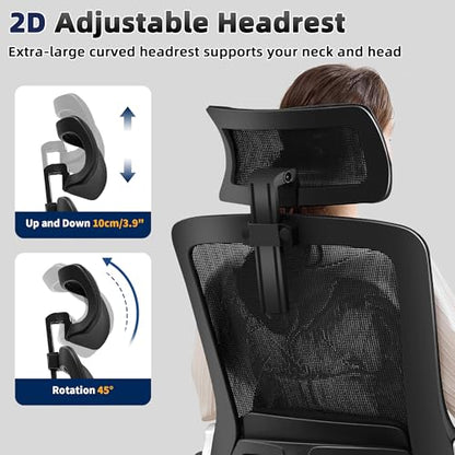 Fizzin Office Chair Mesh Desk Chair with 3D Armrests Computer Chair | Ergonomic Office Chair with Adjustable Lumbar Support and Headrest 125° Tilt and Wide Mesh Cushion High Back Home Desk Chair - color: Black