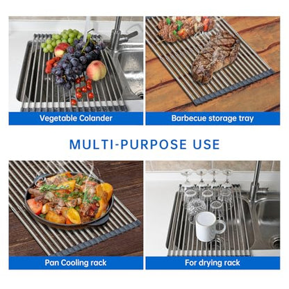 CHIRISEN Expandable Large Roll Up Dish Drying Rack, Foldable Over The Sink Dish Drying Rack, Rolling Dish Drainer Stainless Steel Roll Rack for Kitchen Sink Counter (Gray, 21.25x12.79in)