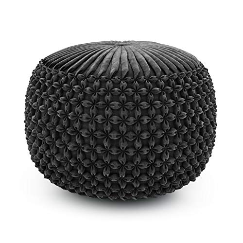 SIMPLIHOME Safford 20" Wide Square Pouf in Grey/White PET Polyester | Boho footstool, extra seating for home living room or bedroom with button-tufted pleated design, assembled; pouf ottoman. - color: Dark Grey, style: Pouf