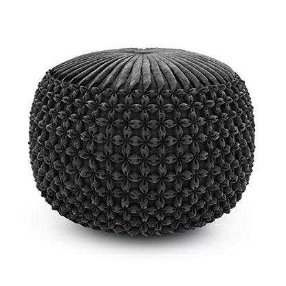SIMPLIHOME Safford 20" Wide Square Pouf in Grey/White PET Polyester | Boho footstool, extra seating for home living room or bedroom with button-tufted pleated design, assembled; pouf ottoman. - color: Dark Grey, style: Pouf