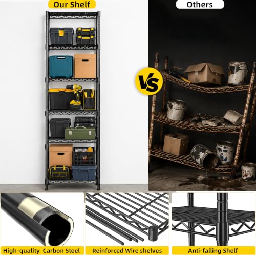 Lab Cosi 6 Tier Narrow Shelf 15.85" W Black Wire Rack, Adjustable Metal Storage Organizer for Pantry Kitchen Closet, Freestanding Shelf Unit - size: 15.85"W x 63"H x 11.8"D