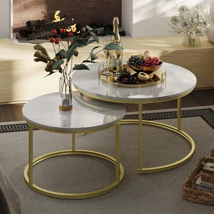 Otterease Nesting Tables Set of 2, Small Round Coffee Table for Living Room | Nesting Coffee Table with Adjustable Non-Slip Feet, White Marble Top Stack Nesting Table for Living Room, Bedroom, White - color: 31.5" Marble White