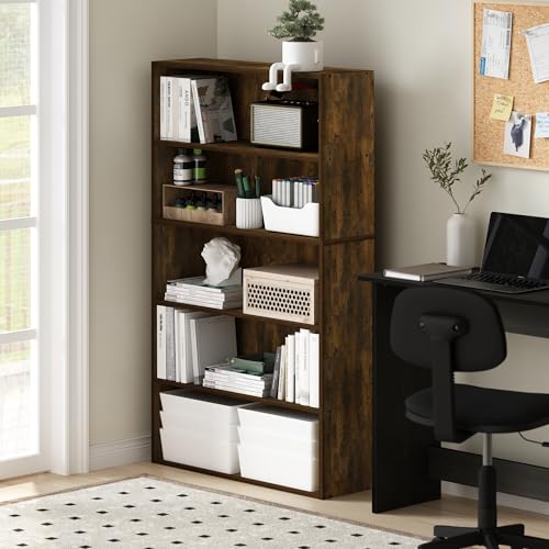 Furinno PASIR Book Shelf, 5-Tier Bookshelf, Bookcase with Open Shelf, 9.4 x 31.5 x 52.7, for Living Room, Bedroom, Home Office, Amber Pine - color: Amber Pine, size: 5-Tier