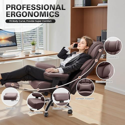 BestGlory Office Desk Chair, Big and Tall Leather Gaming Chair with Footrest, Wide Ergonomic Comfy Executive High-Back Reclining Computer Chairs, Swivel Rolling Wheels and Padded Lumbar Support,Coffee - color: Coffee, style: 3 Position Reclining