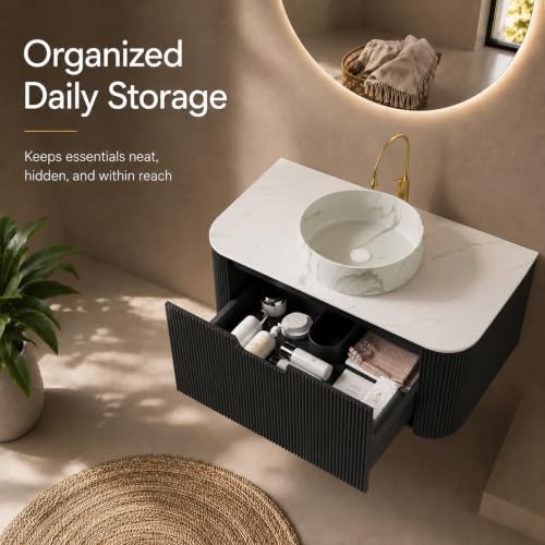 24" Floating Bathroom Vanity with Sink, Wall Mounted Plywood Cabinet, Black Fluted Front, Sintered Stone Countertop, White Marble-Look Ceramic Vessel Sink, Soft-Close Drawer, Pre-Assembled - color: Black Cabinet / White Marble Sink, size: 24 Inch