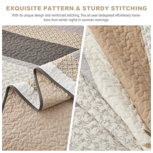 Oversized Queen Bedspreads 102x120, Reversible XL Bed Spread | 100% Cotton Extra Large Quilt Comforter, Farmhouse Botanical Pattern, Lightweight Bedding Set with 2 Shams, Khaki/Beige - color: Khaki/Beige/Gray, size: Oversized Queen(120"x102")