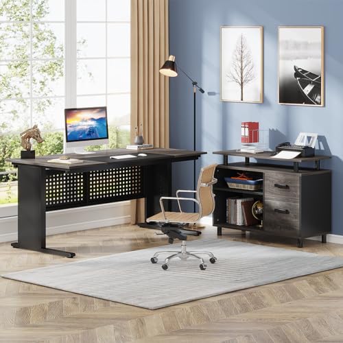 Tribesigns 63 Inch Executive Desk with File Cabinet, Large Office Desk | L Shaped Desk with File Drawer, Computer Table Desk with Storage, Large Desk for Home Office, Easy Assembly, Gray and Black - color: Gray and Black