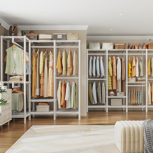 Raybee Heavy Duty Clothes Rack, 1150lbs Capacity, Adjustable | 76" W Freestanding, Steel Structure, 4 Rods & 6 Shelves, Tool-Free Assembly, Sturdy for Closet, Bedroom, White - color: White, style: Heavy Duty Clothes Rack