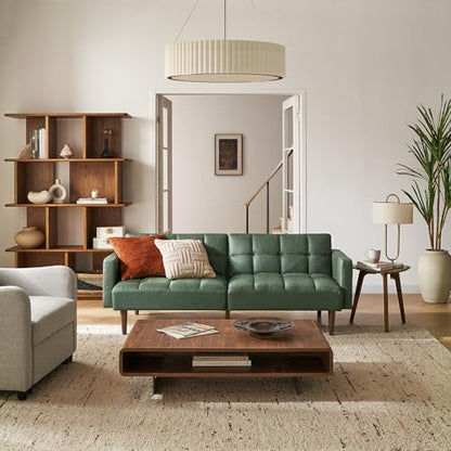 mopio 76.4" Futon Sofa Bed Tufted Styled, Sleeper Couch (Sage Green Faux Leather) - color: Aaron Pu, Sage Green