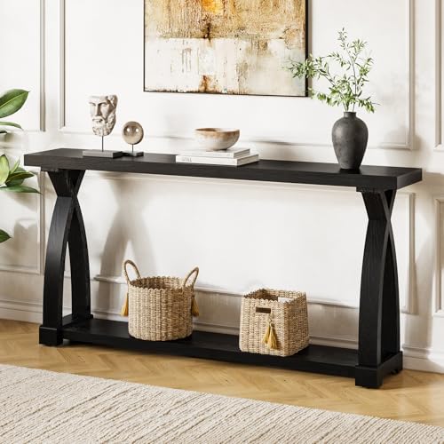 Solid Wood Console Table for Entryway, 63-Inch Narrow Farmhouse Couch Table Behind Sofa with 2-Tier Storage for Entrance, Foyer, Living Room, Long, Black (Black) - color: Black