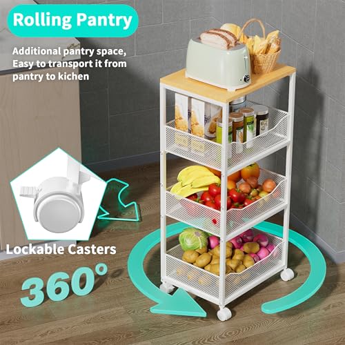 HapiRm Fruit Basket Kitchen Cart - 4-Tier Rolling Storage Cart with Wheels, Wood Top Utility Pantry Cart for Vegetables, Potatoes, Onions, Bread, Snacks - color: White