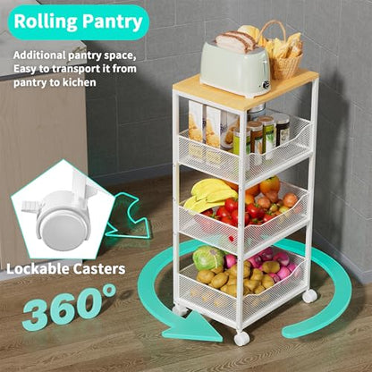 HapiRm Fruit Basket Kitchen Cart - 4-Tier Rolling Storage Cart with Wheels, Wood Top Utility Pantry Cart for Vegetables, Potatoes, Onions, Bread, Snacks - color: White
